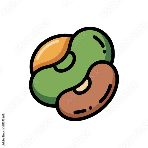 Three colorful beans arranged together isolated on white background