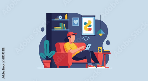 Person relaxing on a couch using a tablet, ideal for illustrating work from home or comfortable living.