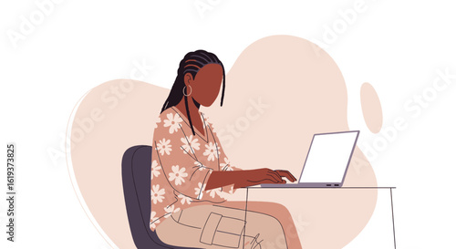 Woman working on laptop, minimalist illustration for website or blog.