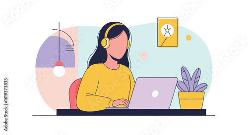 Woman working from home on laptop, wearing headphones. Illustration ideal for blog posts, website banners, and social media.