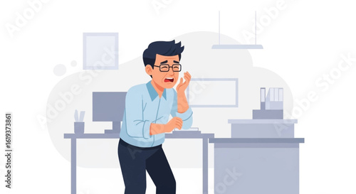 Illustration of a stressed businessman at his desk, perfect for articles about workplace stress or burnout.