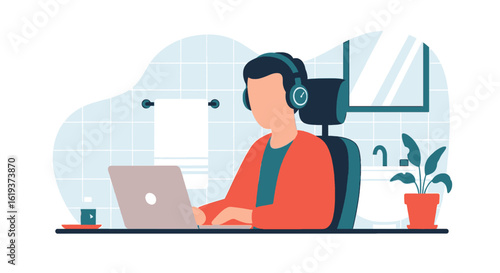 Person working from home on a laptop in a bathroom, ideal for remote work, work from home, and technology blogs.
