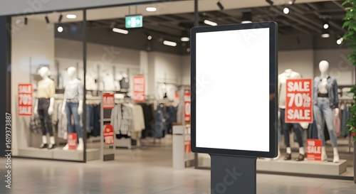 Blank digital advertising screen in a shopping mall, with retail store window displays and mannequins in the background, showcasing a sale