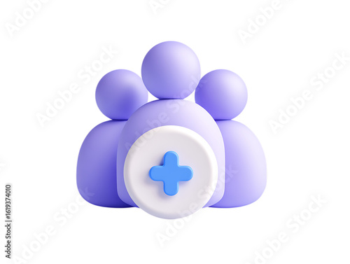 3d illustration of a group of people with a plus sign icon, symbolizing teamwork, community, and new additions, isolated on transparent background