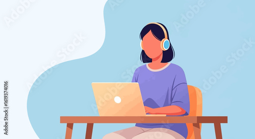 Woman working from home on laptop, wearing headphones. Perfect for website banners, blog posts, or social media.