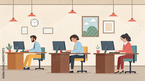 Three colleagues working at their desks in a modern office. Ideal for websites, presentations, and brochures.