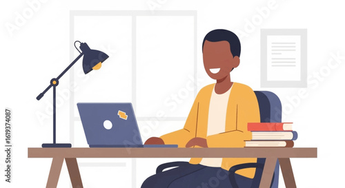 Happy student studying at his desk with laptop, perfect for education websites or brochures.