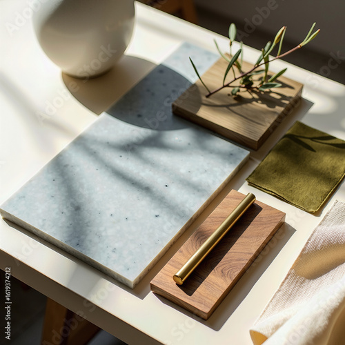 A sun-drenched, natural material mood board featuring concrete, wood, brass, and olive green fabric samples with a delicate plant sprig for an organic touch.
