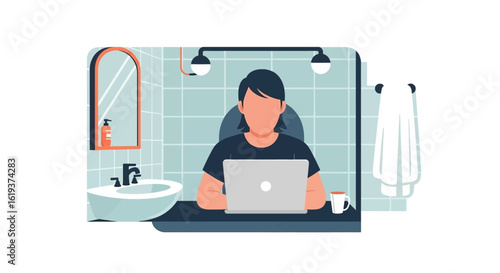 Person working on laptop in a modern bathroom - perfect for remote work, freelance, and work-life balance concepts.