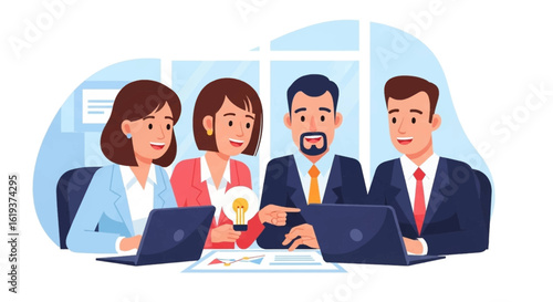 Business team brainstorming, collaborating on project, sharing ideas. Perfect for website banners, presentations, and marketing materials.