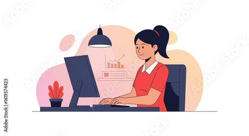 Young woman working on desktop computer, analyzing business graphs. Ideal for websites, presentations, and marketing materials.