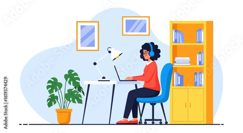 Woman working from home on laptop, perfect for remote work, online learning, or freelance articles.