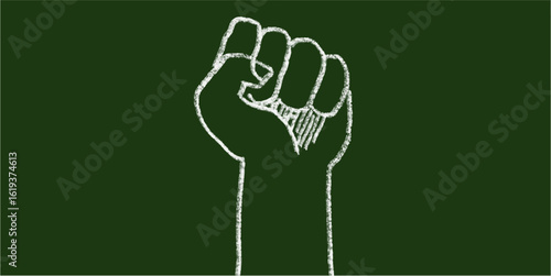 Chalk hand-drawn raised fist icon on green chalkboard. Symbol of protest, power, unity, resistance, solidarity, and strength in a bold, simple doodle style for impactful concepts.