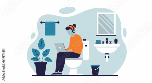 Person working on laptop while sitting on toilet, illustration for articles about work-life balance or remote work challenges.
