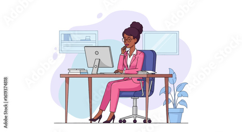 African American businesswoman working on computer in office, perfect for website landing page or business brochure.
