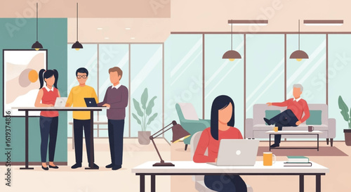 Modern co-working space illustration, perfect for website banners or brochures showcasing collaboration and flexible work environments.