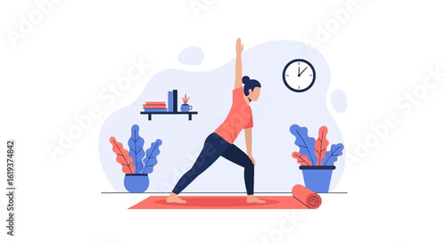 Woman practicing yoga at home, perfect for wellness websites or blog posts.