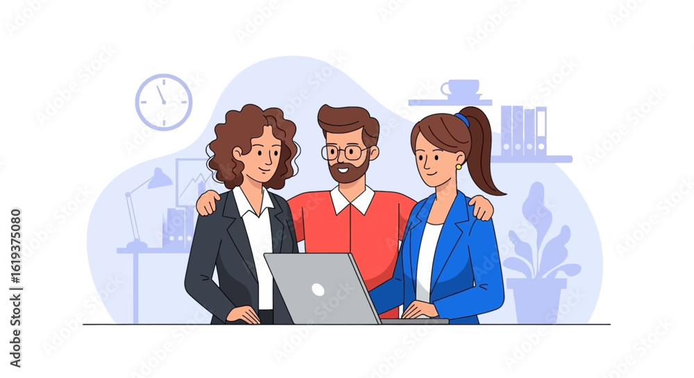 Happy diverse business team collaborating on a laptop, perfect for websites and presentations. Happy diverse business team collaborating on a laptop, perfect for websites and presentations.