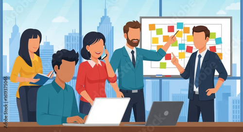 Diverse business team brainstorming ideas on a whiteboard, perfect for presentations on teamwork and collaboration.
