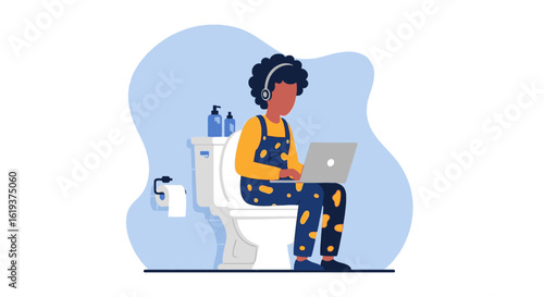 Person working on laptop while sitting on toilet - Illustration for articles about work-life balance, remote work challenges, or humor.