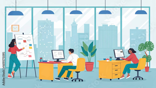 Diverse team collaborating in a modern office, perfect for website banners or marketing materials.