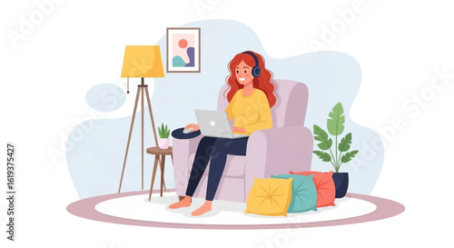Happy woman working from home on laptop, perfect for blog, website or social media.