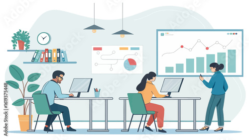 Modern office workers collaborating on a project, perfect for illustrating teamwork and productivity on a company website or presentation.