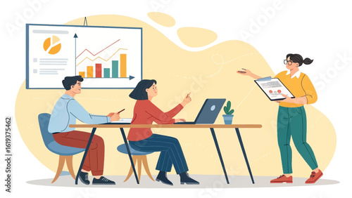 Business team meeting: colleagues reviewing data and charts, perfect for website landing pages or presentations.