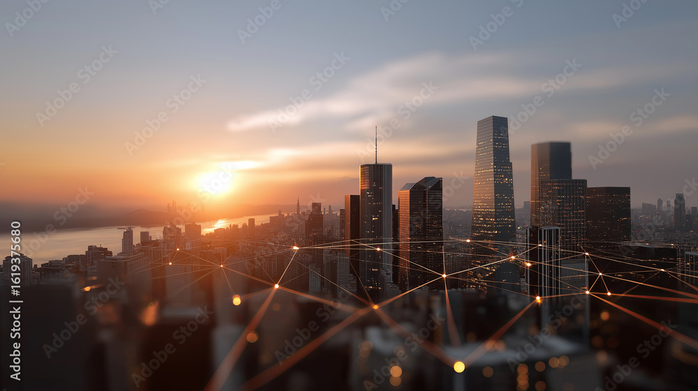 Fototapeta premium An aerial 3D render depicts a sprawling futuristic cyber city at sunset, with an interconnected network of glowing lines overlaying the urban landscape.