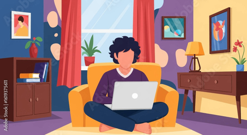 Person working from home on laptop, illustration for remote work, freelance, or work-life balance concept.