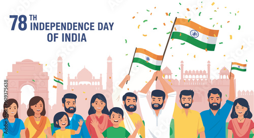 A group of people celebrating India's 78th Independence Day with flags and confetti in front of iconic landmarks.