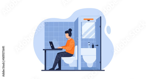 Person working on laptop in a bathroom, perfect for articles about remote work challenges or work-life balance.