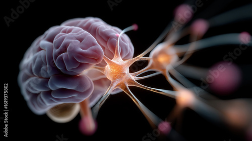 A close-up 3D render illustrates a brain-computer interface (BCI) concept, showing a brain seamlessly connected to glowing neurons and neural networks.