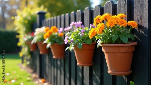 Wallpaper Mural Colorful Hanging Flower Pots on Wooden Fence Surrounded by Green Plants Torontodigital.ca