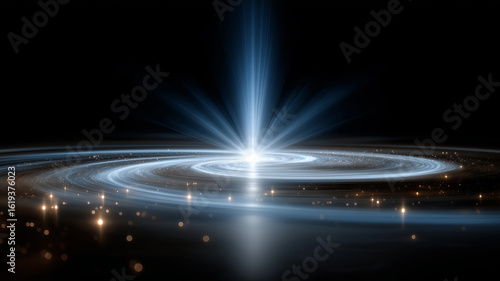 A powerful central beam of light erupts from a swirling spiral galaxy of data points, illustrating concepts of big data, information singularity, or cosmic energy.