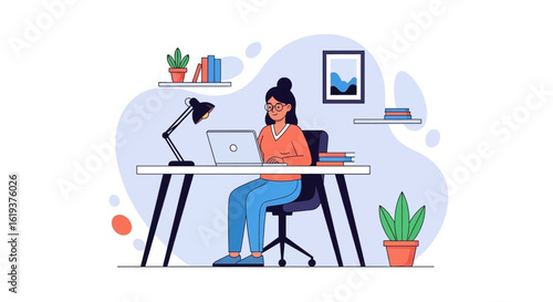 Woman working on laptop at home office, perfect for website banners or blog posts about remote work.