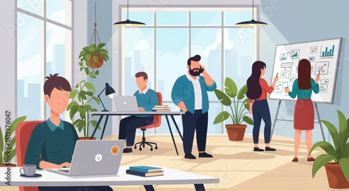 Modern Office Workers Collaborating on a Project, Ideal for Business Websites and Presentations