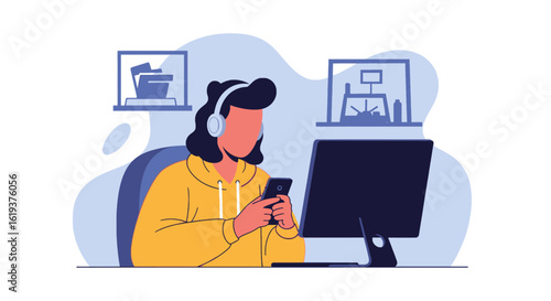 Young woman working from home, using computer and phone, perfect for blog posts about remote work or online learning.