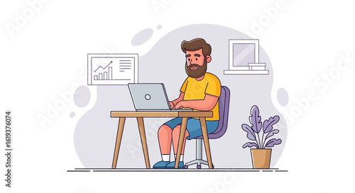 Man working on laptop, vector illustration perfect for website banners, blog posts, or presentations on remote work, productivity, and business success.