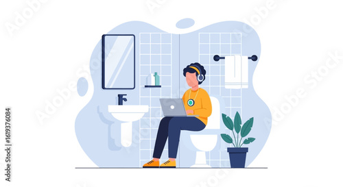 Person working on laptop in bathroom, illustration for articles about remote work, work-life balance, or unusual workspaces.