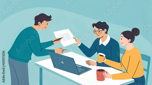Teamwork and collaboration: Illustration of colleagues reviewing documents together, perfect for business presentations or website landing pages.