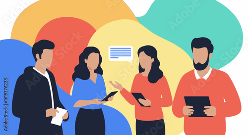 Team Collaboration: Diverse group of professionals communicating and using digital devices. Perfect for website banners or marketing materials.