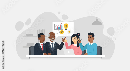 Diverse business team brainstorming new ideas, perfect for presentations on innovation and collaboration.