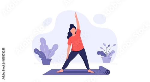 Woman practicing yoga at home, perfect for wellness websites or fitness brochures.