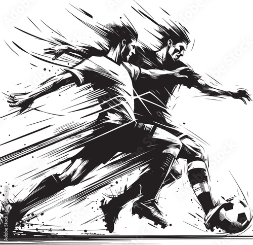 Illustration of two energetic soccer players in a dynamic clash for the ball, showcasing movement and competitive spirit, rendered in a striking black and white artistic style.