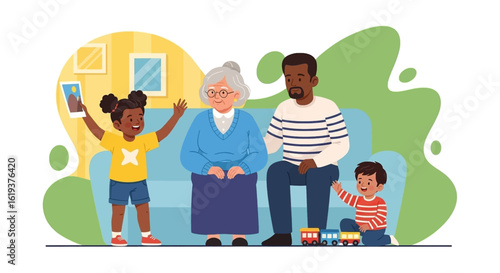 Happy multigenerational family at home, perfect for family, generational, and togetherness themes.