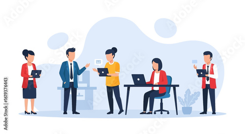 Diverse team collaborating in a modern office, perfect for business presentations or website landing pages.