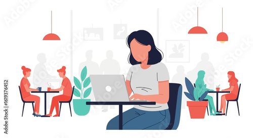 Woman working on laptop in a cafe, perfect for illustrating remote work, freelance, or coffee shop culture.