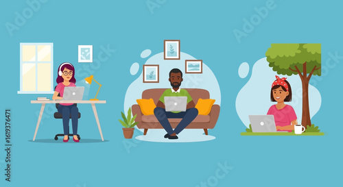 Diverse people working remotely from home and outdoors; perfect for illustrating work-life balance, flexibility, or telecommuting.