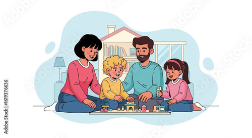 Happy family playing together at home, perfect for family blogs, parenting websites, or children's product advertising.